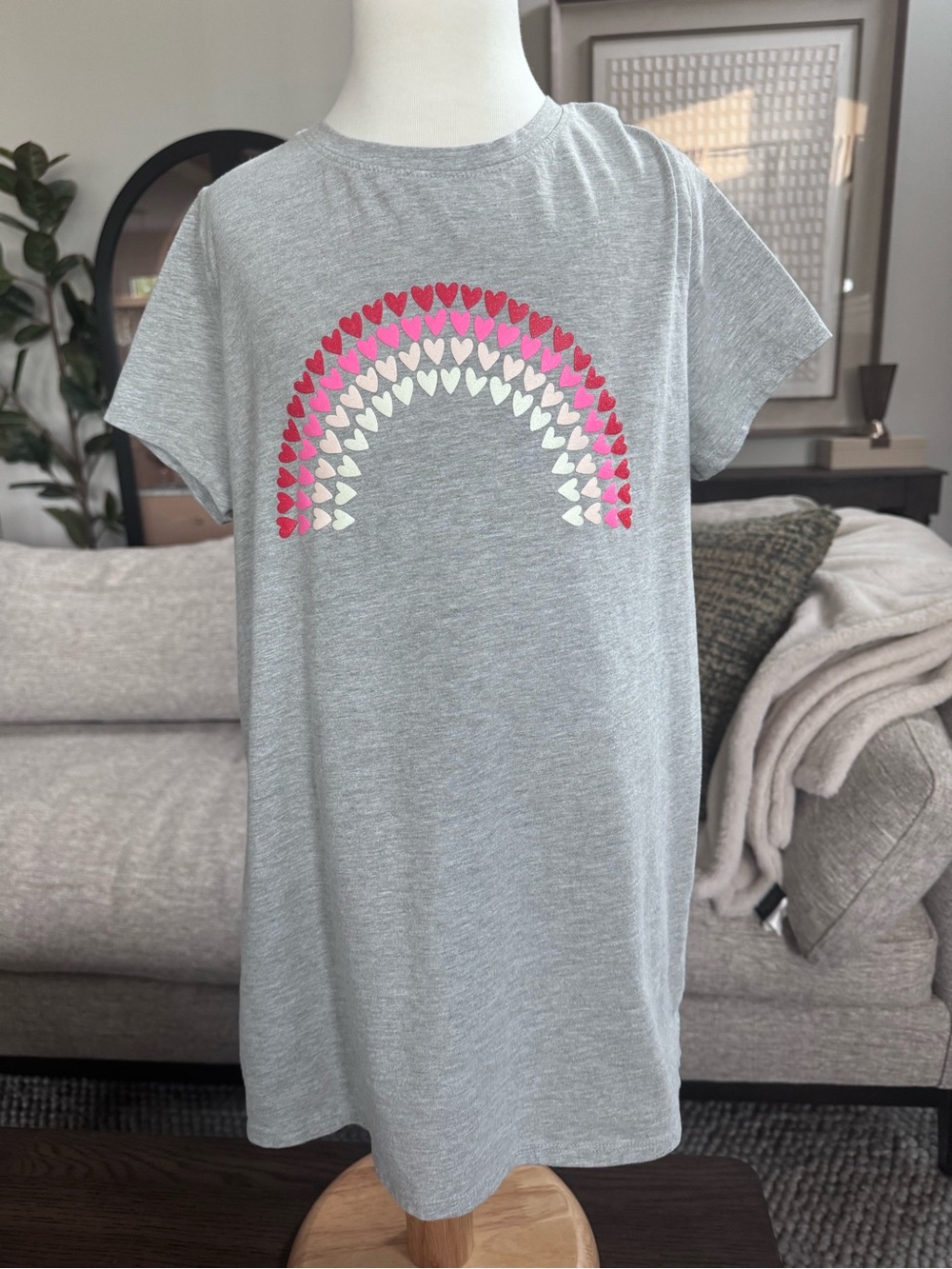 Cat & Jack XL (14/16) Grey Tee with Pink & White Heart Rainbow
